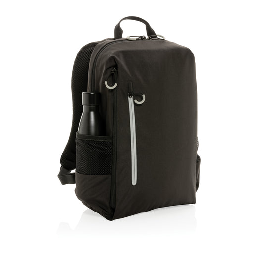 Impact AWARE™ Lima RFID laptop backpack by XD Xclusive featuring multiple compartments, padded straps, and RFID protection.
