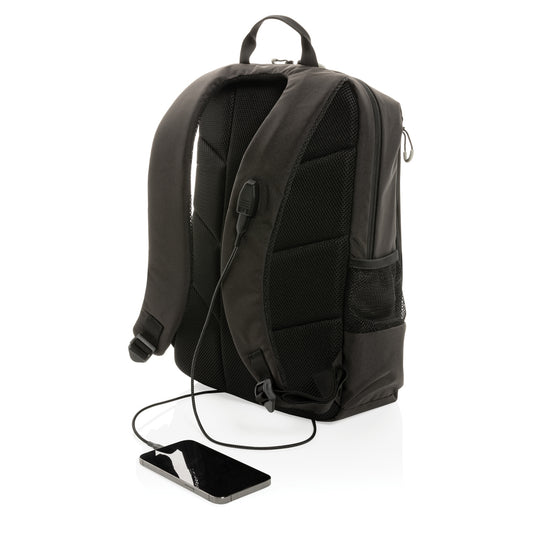 XD Xclusive Impact AWARE™ Lima RFID laptop backpack in black with multiple compartments and padded shoulder straps, designed for travel and work.