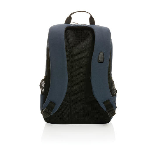 Impact AWARE™ Lima 15.6-inch RFID laptop backpack by XD Xclusive, shown in black with multiple compartments and padded straps.