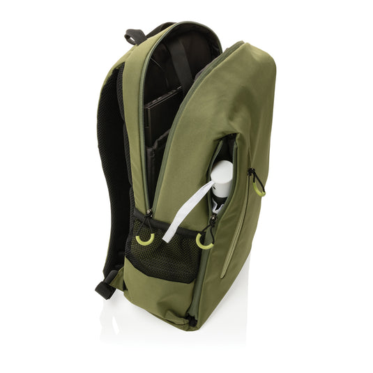 Impact AWARE™ Lima 15.6-inch RFID laptop backpack by XD Xclusive, with padded compartments and sleek design for travel and work.