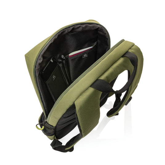Impact AWARE™ Lima 15.6-inch RFID laptop backpack by XD Xclusive, featuring durable fabric and multiple compartments for travel.