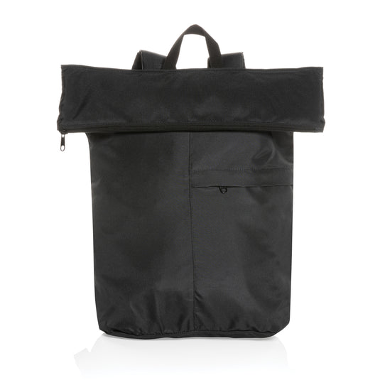 Lightweight foldable Dillon AWARE™ RPET backpack by XD Collection, shown folded and partially unfolded, in eco-friendly design.