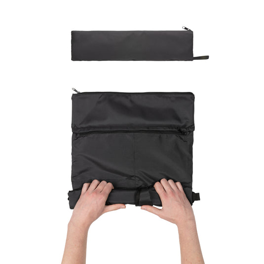 XD Collection Dillon AWARE™ RPET lightweight foldable backpack in gray, showing its compact, foldable design and durable material.