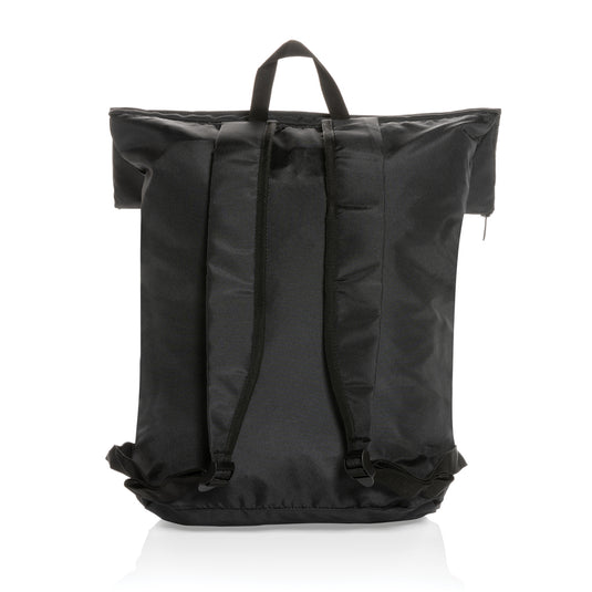 XD Collection Dillon AWARE™ RPET lightweight foldable backpack in vibrant blue, showing its compact, foldable design and adjustable straps.