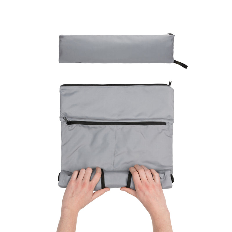 Load image into Gallery viewer, Dillon AWARE™ RPET lightweight foldable backpack by XD Collection, shown folded and unfolded in a Bags &amp; Travel setting.
