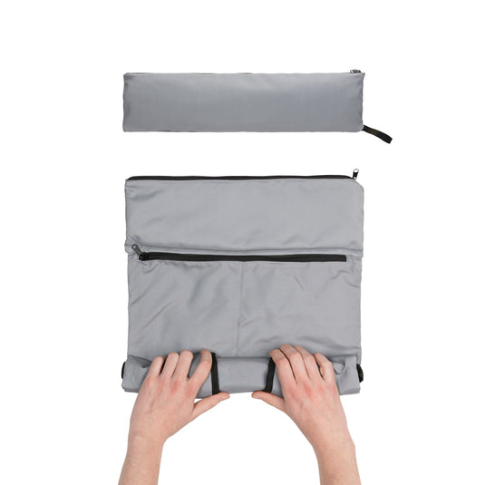 Dillon AWARE™ RPET lightweight foldable backpack by XD Collection, shown folded and unfolded in a Bags & Travel setting.