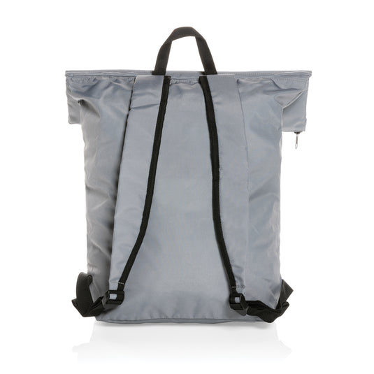 Lightweight foldable backpack from XD Collection's Dillon AWARE™ RPET Bags & Travel line, shown folded and partially unfolded.