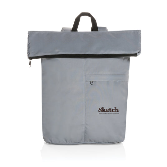 XD Collection Dillon AWARE™ RPET lightweight foldable backpack in black, shown folded and unfolded with adjustable straps.