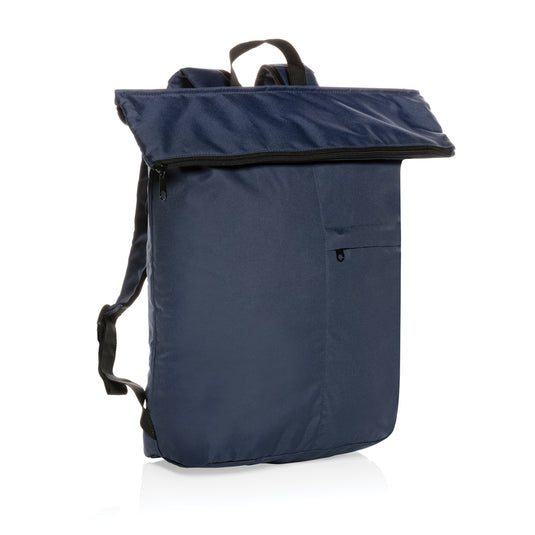 XD Collection Dillon AWARE™ RPET lightweight foldable backpack in navy, showing its compact, foldable design and sturdy straps.