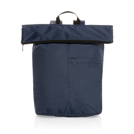 XD Collection Dillon AWARE™ RPET lightweight foldable backpack, shown open with adjustable straps and compact design.