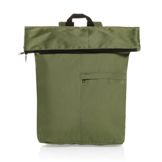 XD Collection Dillon AWARE™ RPET lightweight foldable backpack in gray, showing its compact, foldable design and durable material.