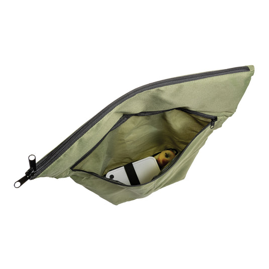 Lightweight foldable Dillon AWARE™ RPET backpack from XD Collection, shown folded with its compact design and eco-friendly materials.