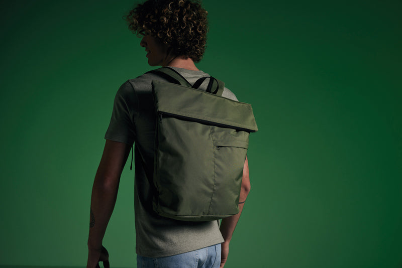 Load image into Gallery viewer, Lightweight foldable backpack from XD Collection's Dillon AWARE™ RPET Bags &amp; Travel line, shown folded and partially unfolded.
