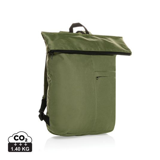 XD Collection Dillon AWARE™ RPET lightweight foldable backpack for bags and travel, shown folded and unfolded.