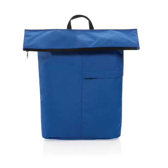 Lightweight foldable Dillon AWARE™ RPET backpack from XD Collection, shown open with adjustable straps and spacious interior.