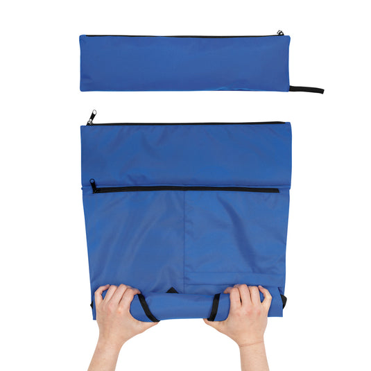 Lightweight foldable backpack from XD Collection Dillon AWARE™ RPET bags and travel gear, shown folded and unfolded in the image.