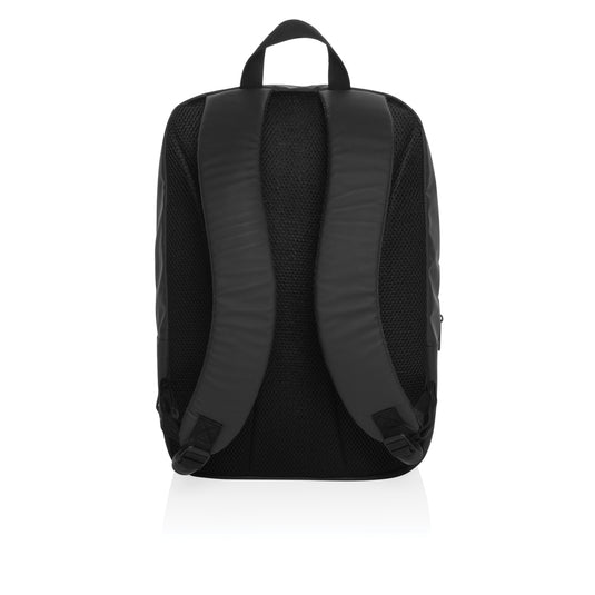 XD Xclusive Armond AWARE™ RPET 15.6 inch laptop backpack with multiple compartments and padded straps for comfortable carrying.