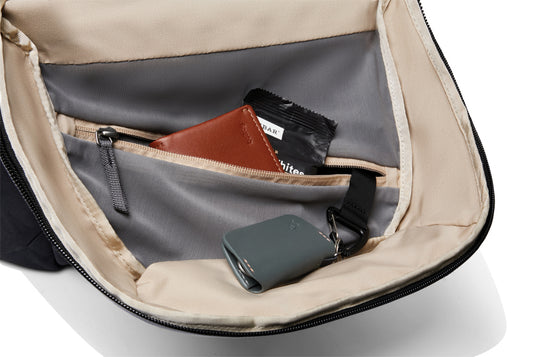Bellroy Via Backpack in black with multiple compartments, stylish and functional bags for travel and daily use.