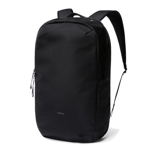 Bellroy Via Backpack in black with multiple compartments, featuring padded shoulder straps and a sleek, modern design.