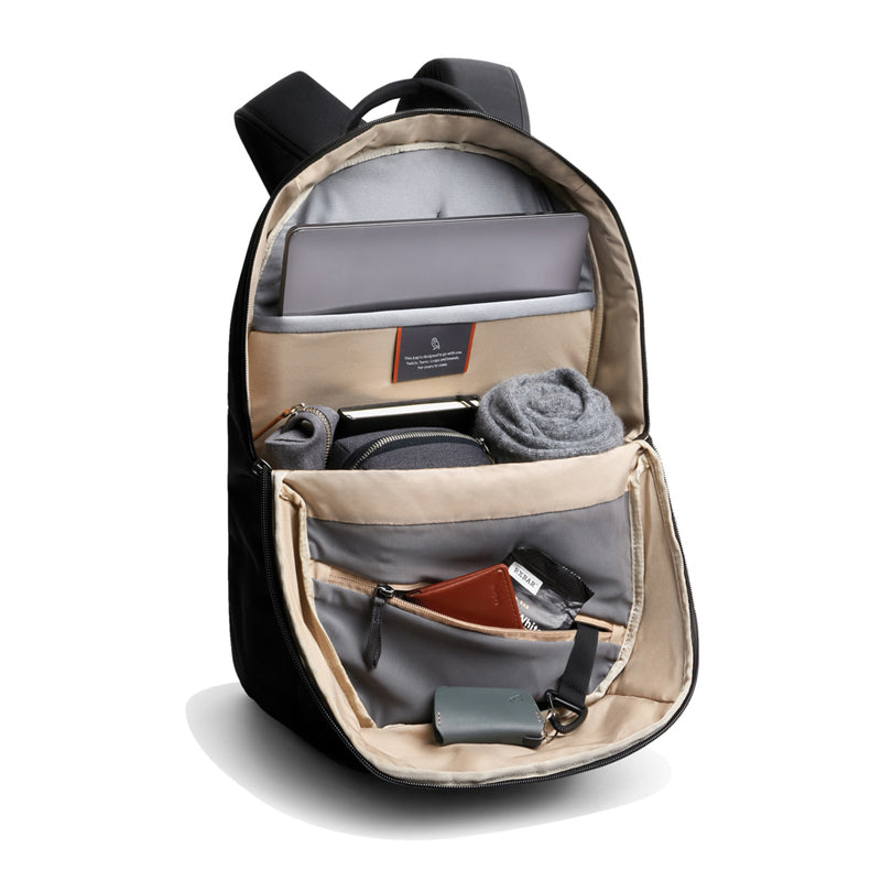 Load image into Gallery viewer, Bellroy Via Backpack from Bags &amp; Travel collection, showcasing a sleek black leather bag with multiple compartments and adjustable straps.
