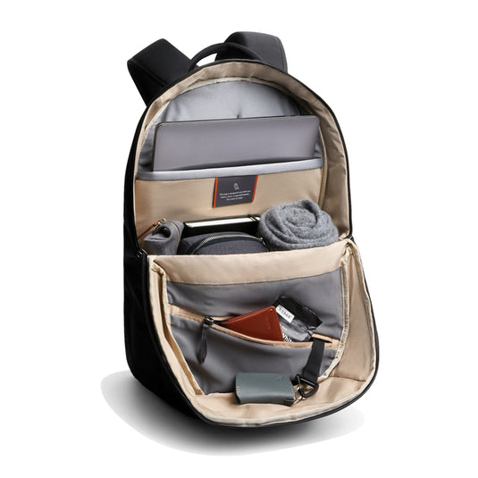 Bellroy Via Backpack from Bags & Travel collection, showcasing a sleek black leather bag with multiple compartments and adjustable straps.