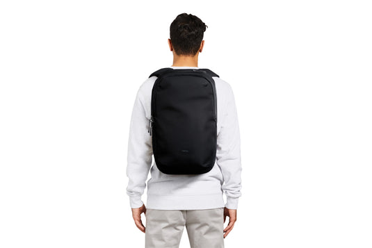Bellroy Via Backpack in black with multiple compartments, padded shoulder straps, and sleek design for travel and everyday use.