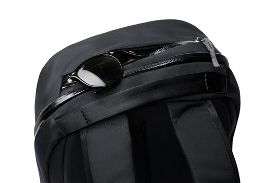 Bellroy Via Backpack in black with multiple compartments, padded shoulder straps, and sleek design for travel and everyday use.