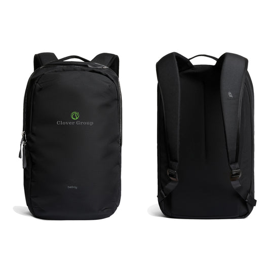 Bellroy Via Backpack in black, showing adjustable straps, multiple compartments, and sleek design for travel and everyday use.
