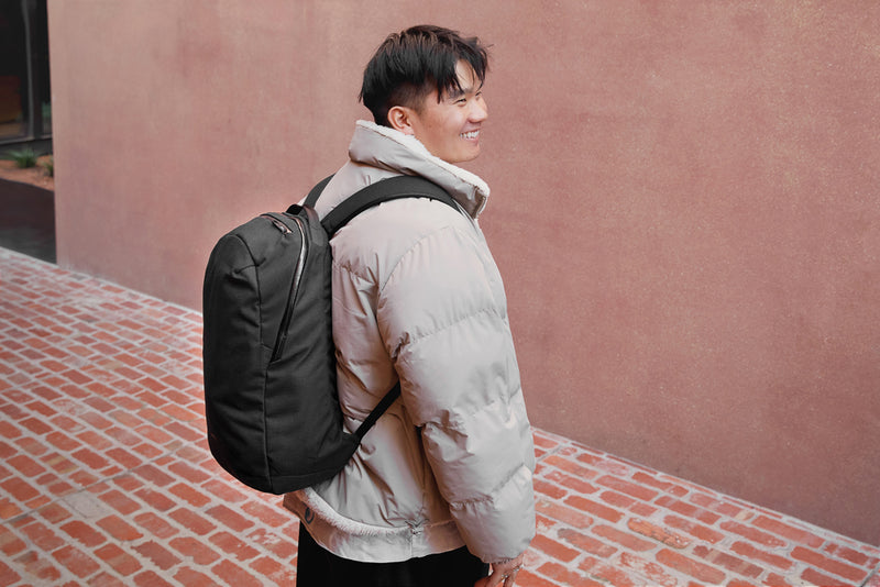 Load image into Gallery viewer, Bellroy Via Backpack in black, showing adjustable shoulder straps and spacious main compartment for travel and everyday use.
