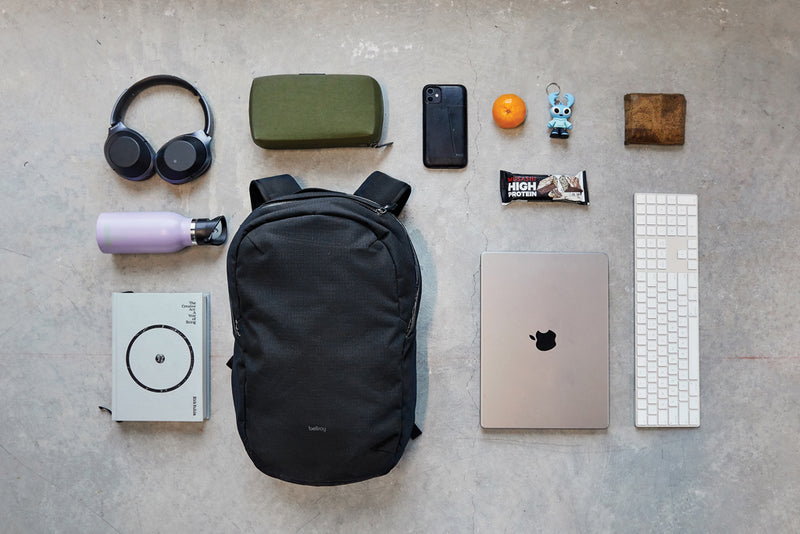 Load image into Gallery viewer, Bellroy Via Backpack from Bags &amp; Travel collection, showing a sleek black backpack with multiple compartments and adjustable straps.
