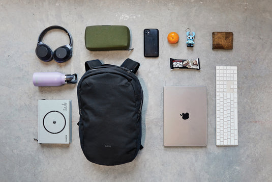 Bellroy Via Backpack from Bags & Travel collection, showing a sleek black backpack with multiple compartments and adjustable straps.