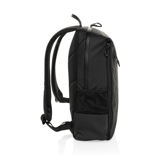 XD Xclusive Lima Aware RPET water-resistant laptop backpack for 15.6-inch laptops, featuring multiple compartments and durable design.