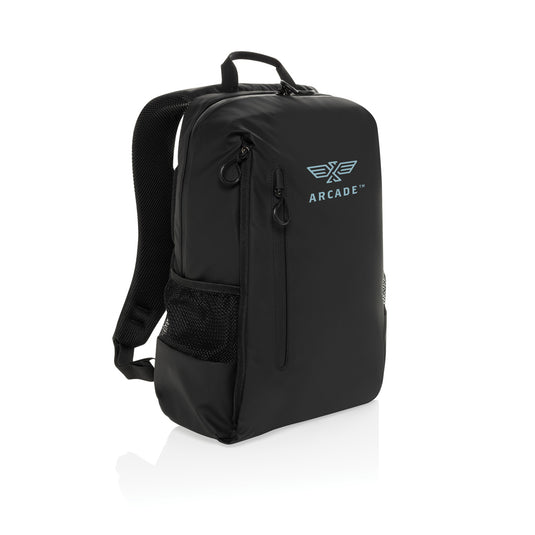 XD Xclusive Lima Aware RPET water-resistant 15.6-inch laptop backpack with multiple compartments and sturdy straps.