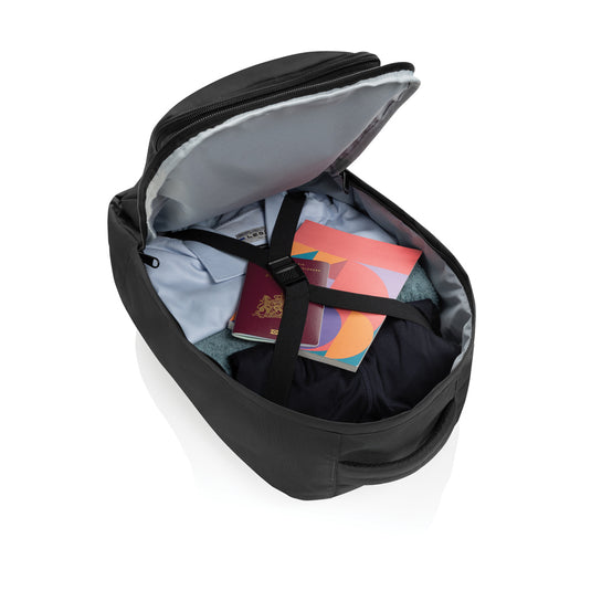 XD Collection Ace Aware™ RPET Free On Board travel pack, eco-friendly travel bag with multiple compartments, on a beige background.
