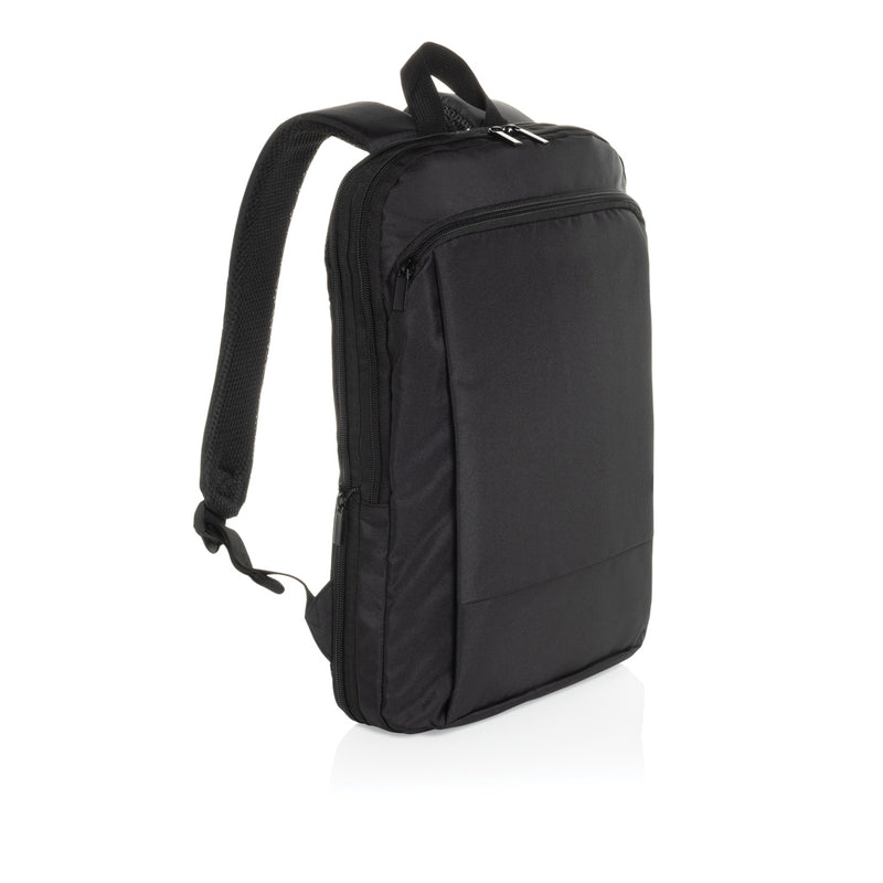 Load image into Gallery viewer, XD Collection Flex pack Aware™ RPET slim 15.6-inch laptop backpack with expandable design and multiple compartments, in black fabric.
