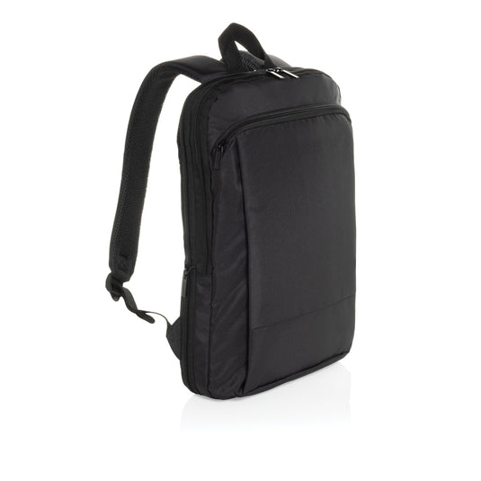 XD Collection Flex pack Aware™ RPET slim 15.6-inch laptop backpack with expandable design and multiple compartments, in black fabric.