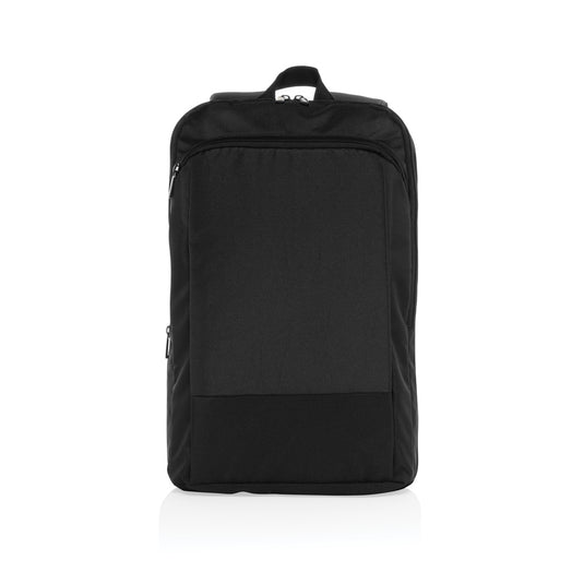XD Collection Flex pack Aware RPET expandable slim 15.6-inch laptop backpack, black with multiple compartments and padded straps.