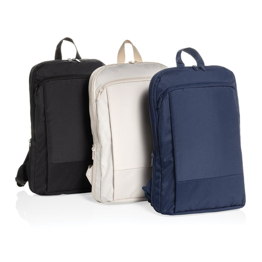XD Collection Flex Pack Aware RPET expandable slim 15.6-inch laptop backpack, black with multiple compartments and padded straps.