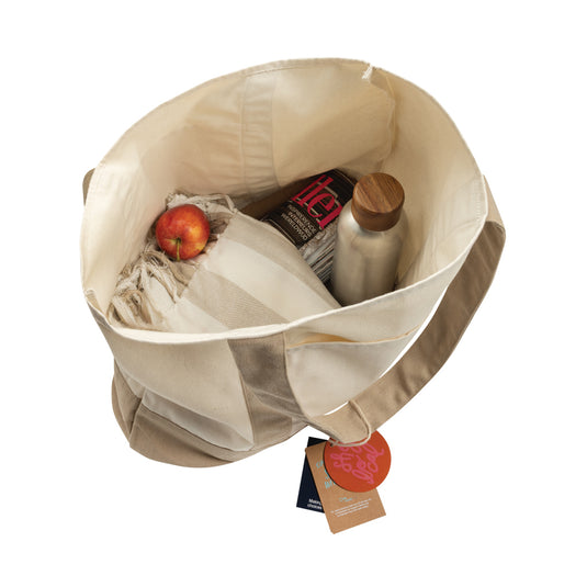 Recycled cotton tote bag from XD Xclusive's SHOP LOCAL AWARE™ collection, showcasing eco-friendly design and sturdy handles.