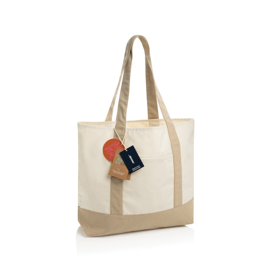 Recycled cotton tote bag from XD Xclusive's SHOP LOCAL AWARE™ collection, 350gsm, with sturdy handles and eco-friendly design.