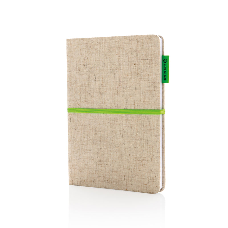 Load image into Gallery viewer, A5 jute notebook from XD Collection with a natural woven cover and lined pages for note-taking and journaling.

