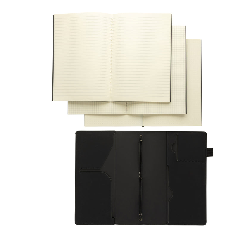 Load image into Gallery viewer, XD Collection Daily Notes Binder 3-in-1 refillable PU notebook showing black leather cover and inside refill pages.
