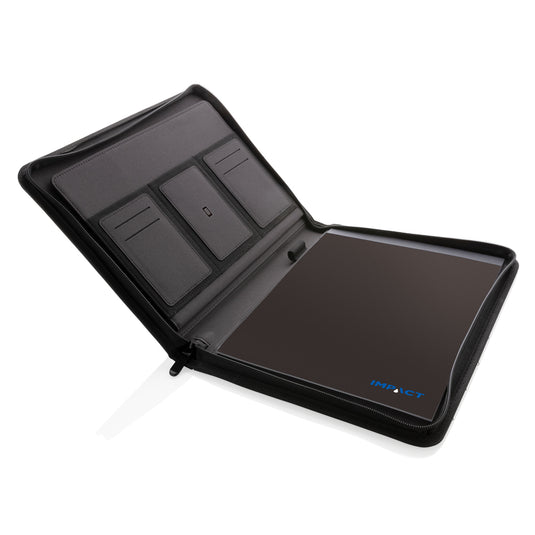 Gray Impact AWARE™ RPET A4 portfolio with zipper from XD Xclusive, featuring a sleek design and secure zip closure for documents.