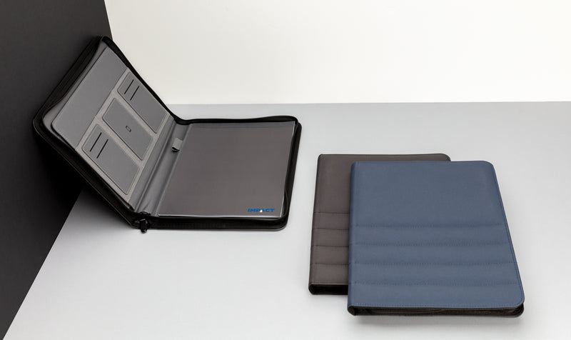 Load image into Gallery viewer, XD Xclusive Impact AWARE™ RPET A4 portfolio with zipper, showing sleek black exterior and secure zipper closure.
