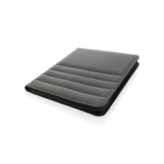 XD Xclusive Impact AWARE™ RPET A4 portfolio with zipper, showing a sleek black eco-friendly portfolio with zipper closure.