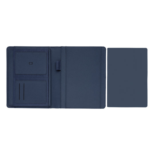 Impact AWARE™ RPET A5 notebook by XD Xclusive with eco-friendly recycled plastic cover and lined pages, open to show interior.