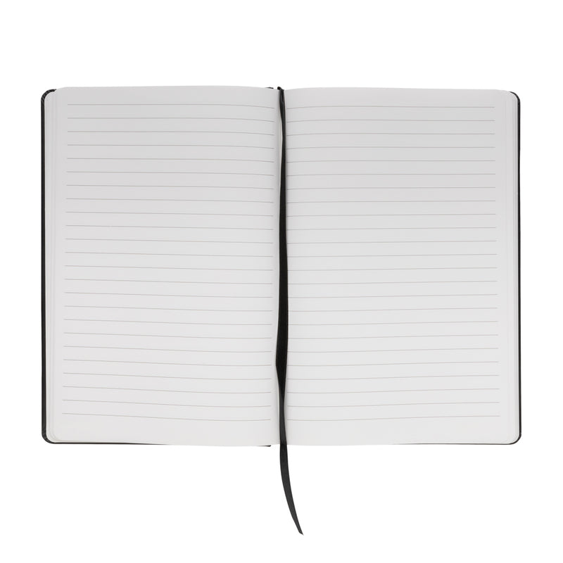 Load image into Gallery viewer, A5 Impact stone paper hardcover notebook from XD Collection in black with embossed design, open to show lined pages.
