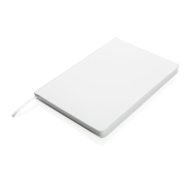 Load image into Gallery viewer, A5 Impact stone paper hardcover notebook from XD Collection with black cover and elastic closure, lying open showing blank pages.
