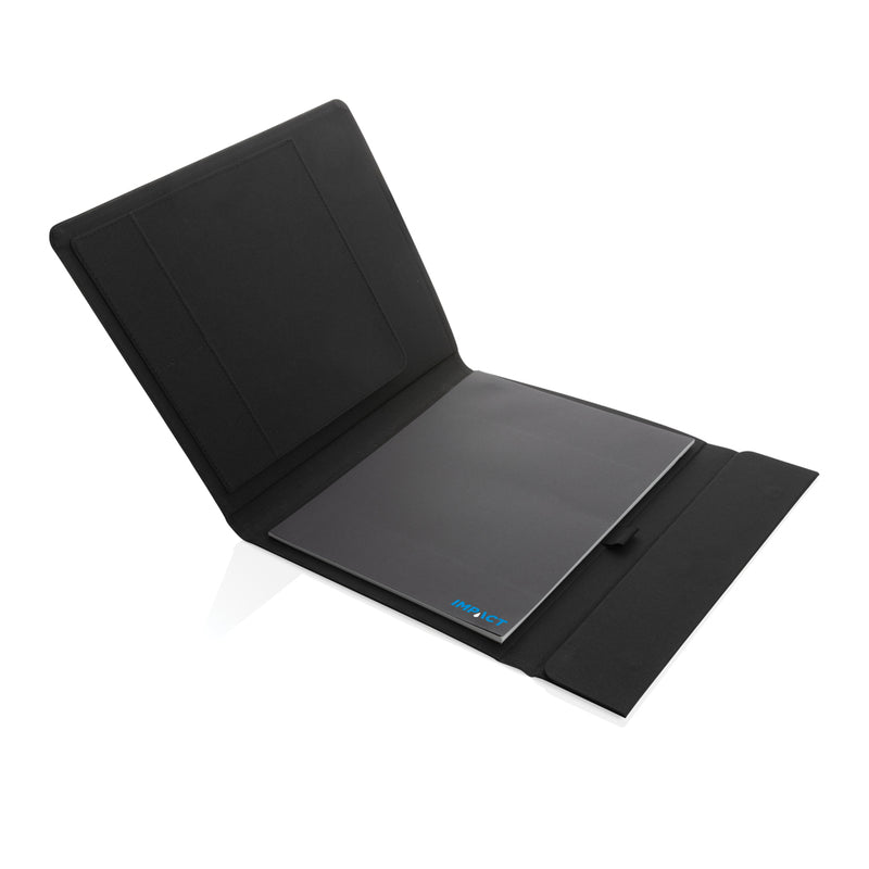 Load image into Gallery viewer, Impact Aware™ A4 portfolio from XD Xclusive with magnetic closure, black leather-like cover, and interior pockets for documents.
