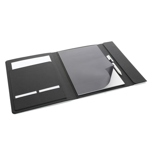 Impact Aware™ A4 portfolio with magnetic closure by XD Xclusive, featuring sleek black cover and organized interior for professional use.